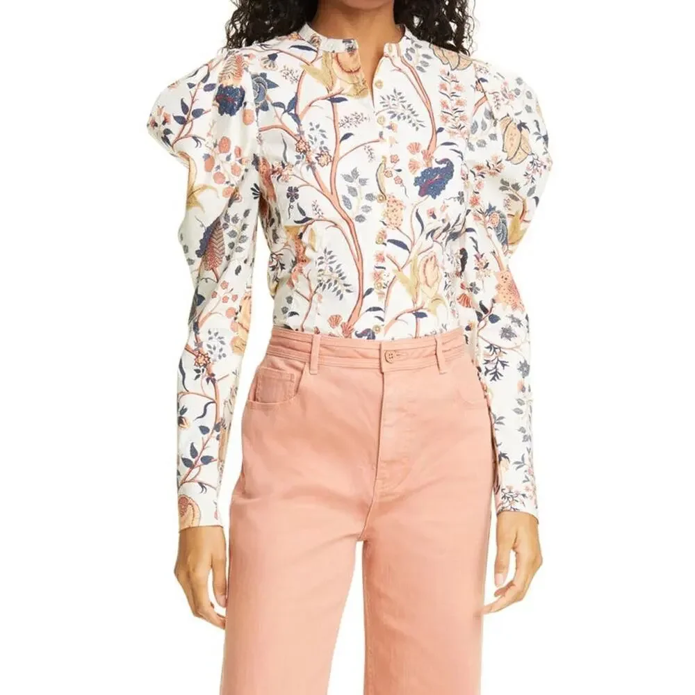 Ulla Johnson Harriet Long Sleeve Blouse in Daisy Women's Size 00 Cream Floral